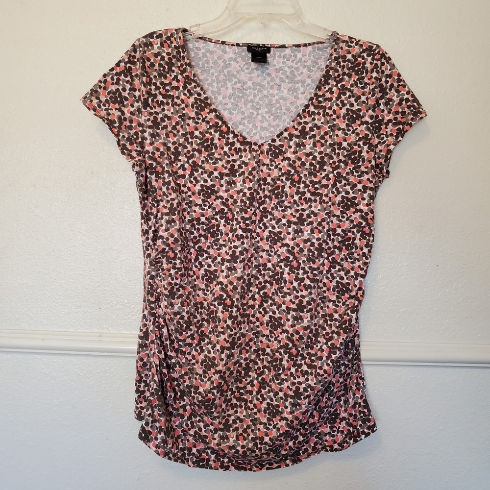 Ann Taylor Womens Large V-Neck Side Ruched Pebble Print Short Sleeve Top Pink